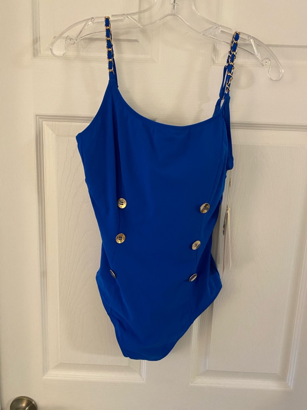 Gottex Royal Blue Chain Strap One-Piece Swimsuit with Gold Buttons